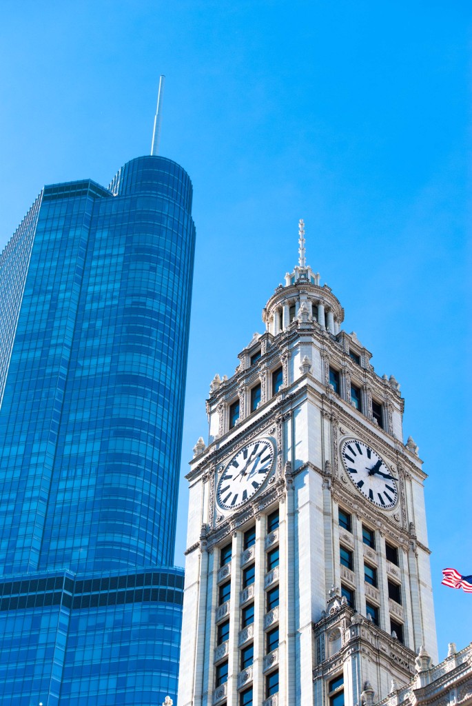 The Wrigley Building's south tower in the foreground and Trump Tower looming.